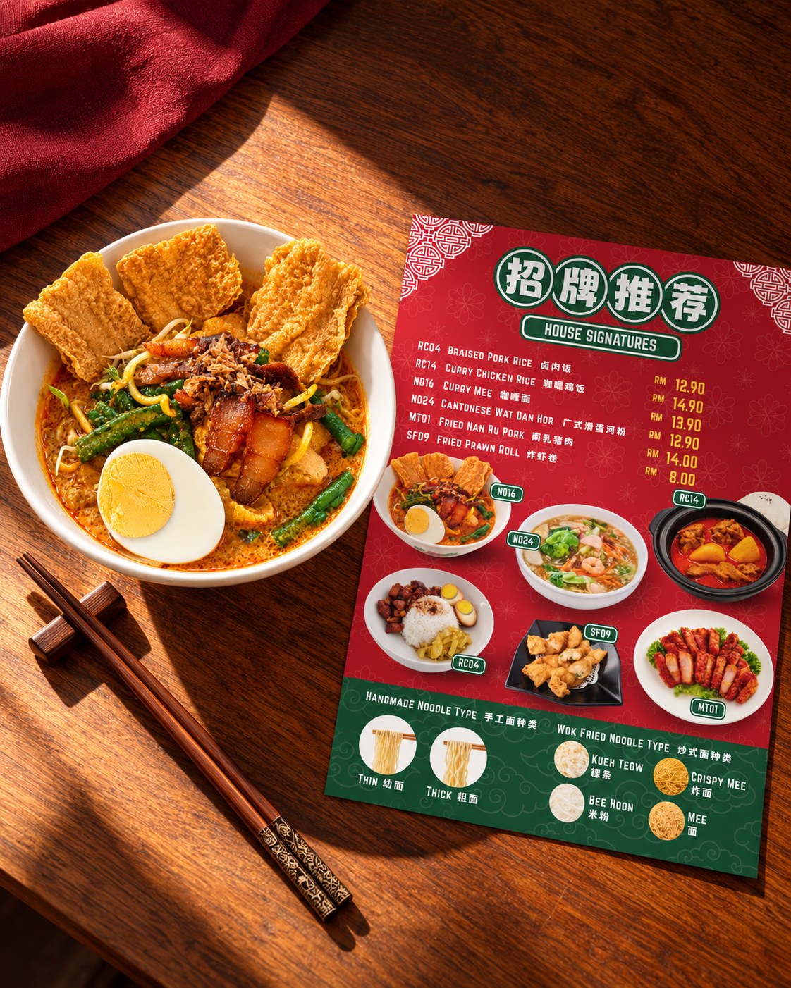 Jian Mian house-signature menu with curry noodles on a wooden table
